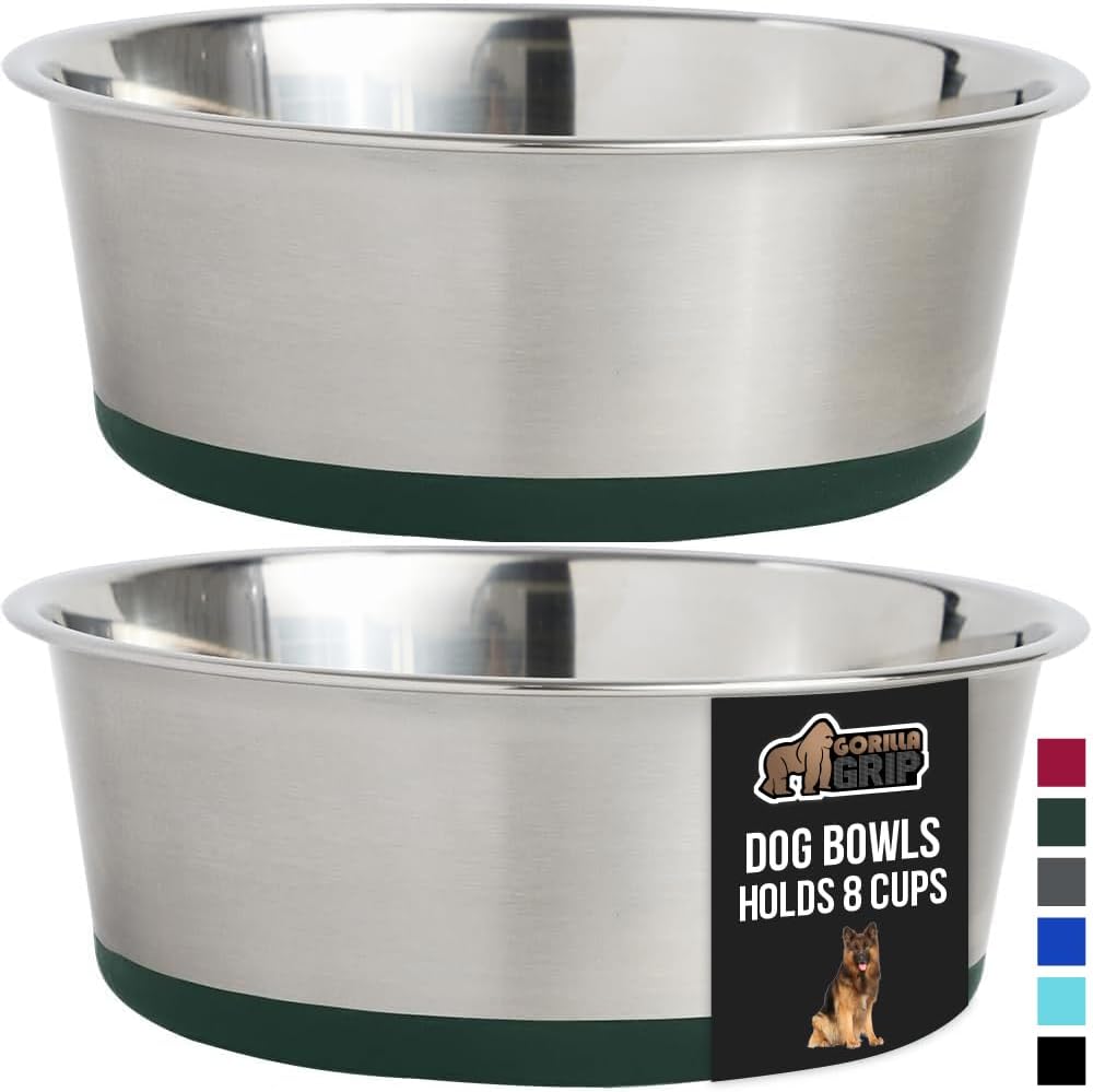 GORILLA GRIP Set of 2 Dog Bowls, Holds 8 Cups (64 fl oz), Heavy Duty Metal Food and Water Bowl for Feeding Dogs and Cats, Dishwasher Safe, Rust Resistant Stainless Steel, BPA Free Rubber Base, Green