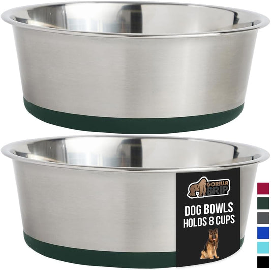 GORILLA GRIP Set of 2 Dog Bowls, Holds 8 Cups (64 fl oz), Heavy Duty Metal Food and Water Bowl for Feeding Dogs and Cats, Dishwasher Safe, Rust Resistant Stainless Steel, BPA Free Rubber Base, Green
