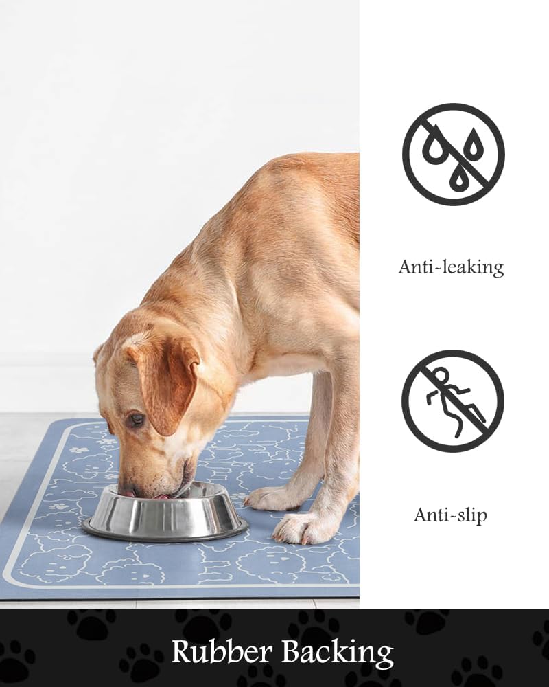 Pet Feeding Mat-Absorbent Dog Mat for Food and Water Bowl-No Stains Quick Dry Water Dispenser Mat-Dog Accessories Pet Supplies-Bowl for Messy Drinkers（BLUEDOGS,17"x34"