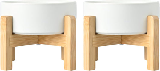 SPUNKYJUNKY Ceramic Elevated Dog Bowls 2 Pack - 8.3inch Raised Dog Bowls with Non-Slip Wooden Stand for Large Dogs Dishwasher Safe(White,60OZ*2)
