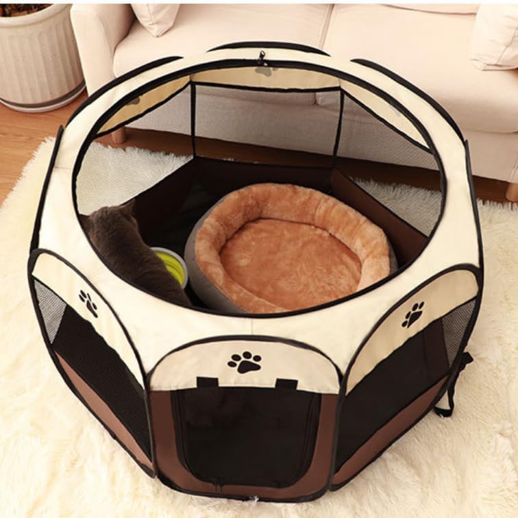 Cat Playpen for Indoor and Outdoor Cats Collapsible Enclosed, Portable Cat Tent, Cat, Puppy Crate Cage (Coffee, Medium, Octagon)