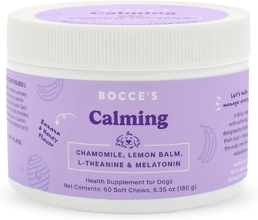 Bocce's Bakery Calming Supplement for Dogs, Daily Chews Made in The USA with Chamomile, Lemon Balm, L-Theanine & Melatonin, Supports Stress, Peanut Butter & Honey, 60 ct