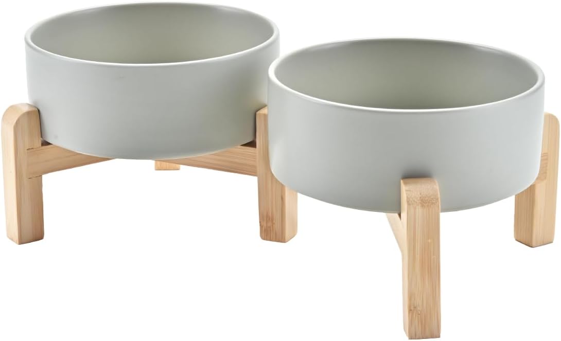 SPUNKYJUNKY Elevated Dog Bowls Ceramic, 5.1'' Dogs and Cat Food Water Bowls Raised with Non-Slip Bamboo Stand for Puppy Small Sized Breed Microwave Dishwasher Safe - 13.5 OZ,Grey