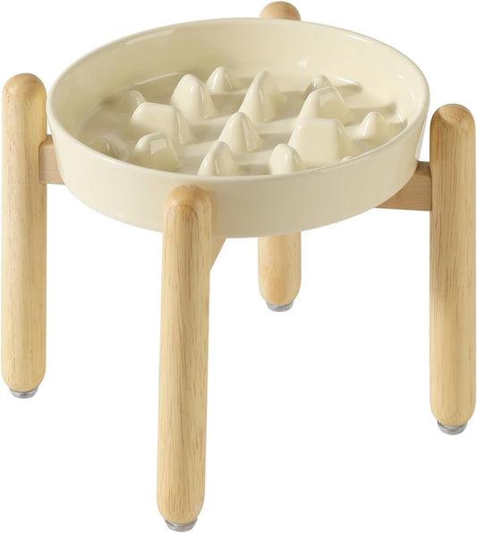 8.2inch Ceramic Dog Raised Slow Feeder Set, Elevated Bowl with Wooden Stand for Large and Medium Dog, Slow Feeder Dish for Fast Easters, Anti-Gulping(Beige, Single Bowl+ Stand)