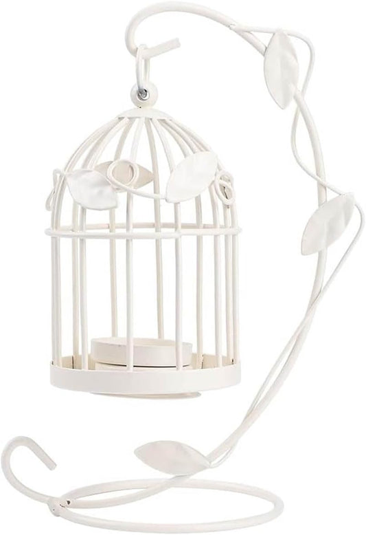 Birdcage Candle Holder, Hanging Candle Holder Decorative Bird Cages Bird Cage Decor Vintage Metal Candlestick for Wedding, Party(White)