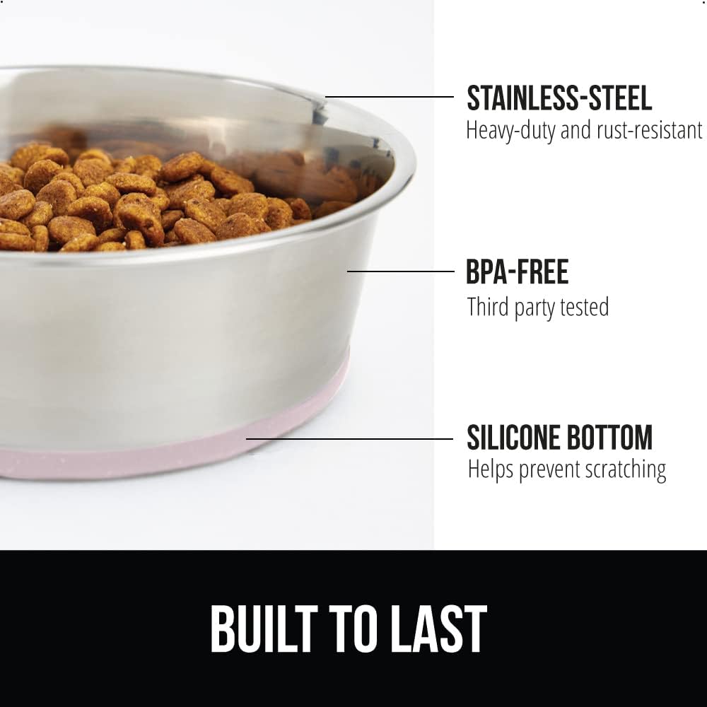 GORILLA GRIP Set of 2 Dog Bowls, Holds 4 Cups (32 fl oz), Heavy Duty Metal Food and Water Bowl for Feeding Dogs and Cats, Dishwasher Safe, Rust Resistant Stainless Steel, BPA Free Rubber Base, Lt Pink