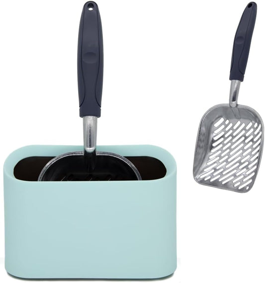 Aluminum Cat Litter Scoop in Holder, Non-Stick Cat Poop Scooper with Holder, Fast Sifting Kitten Poop Lifter and Caddy (Blue)
