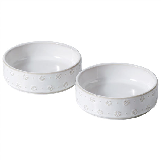 6.1inch Ceramic Set of 2 Dog and Cat Bowls, Food and Water Bowls for Toy Breed Dogs, Kitty, 2pcs Pet Dishes, Cat Feeder(2Dishes, White with Snowflake Pattern)