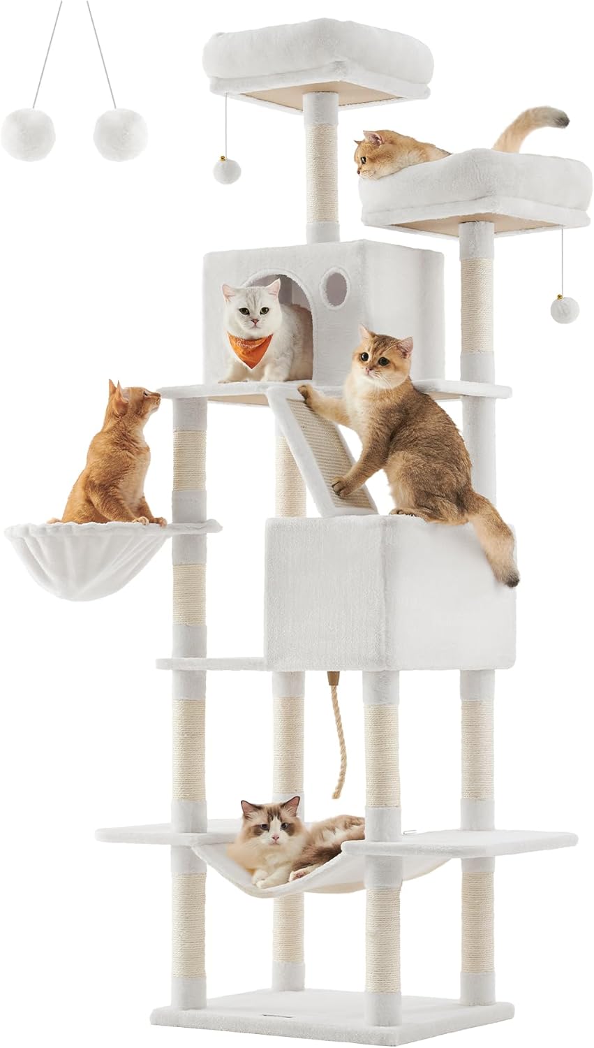 Feandrea Cat Tree, 81.1-Inch Large Cat Tower with 13 Scratching Posts, 2 Perches, 2 Caves, Basket, Hammock, Pompoms, Multi-Level Plush Cat Condo for Indoor Cats, Cream White UPCT190T01