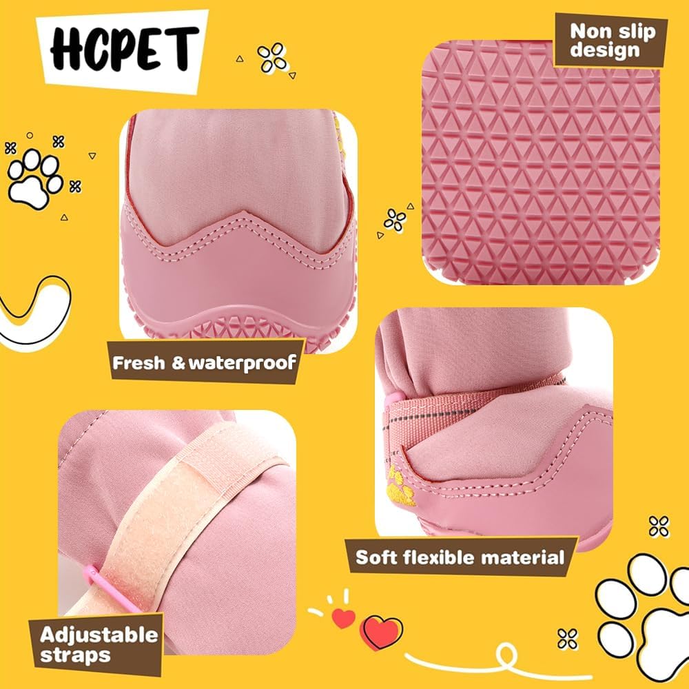 Hcpet Dog Shoes, Dog Boots & Paw Protectors for Winter Snowy Days, Rainy Weather, Outdoor Anti-Slip Sole Dog Booties for Hardwood Floor Pink-Leg 4