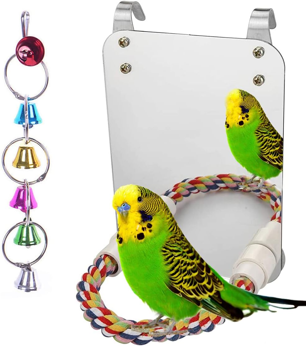 7" Bird Mirror with Rope Perch Bird Toys Swing, Comfy Perch for Greys Amazons Parakeet Cockatiel Conure Lovebirds Finch Canaries