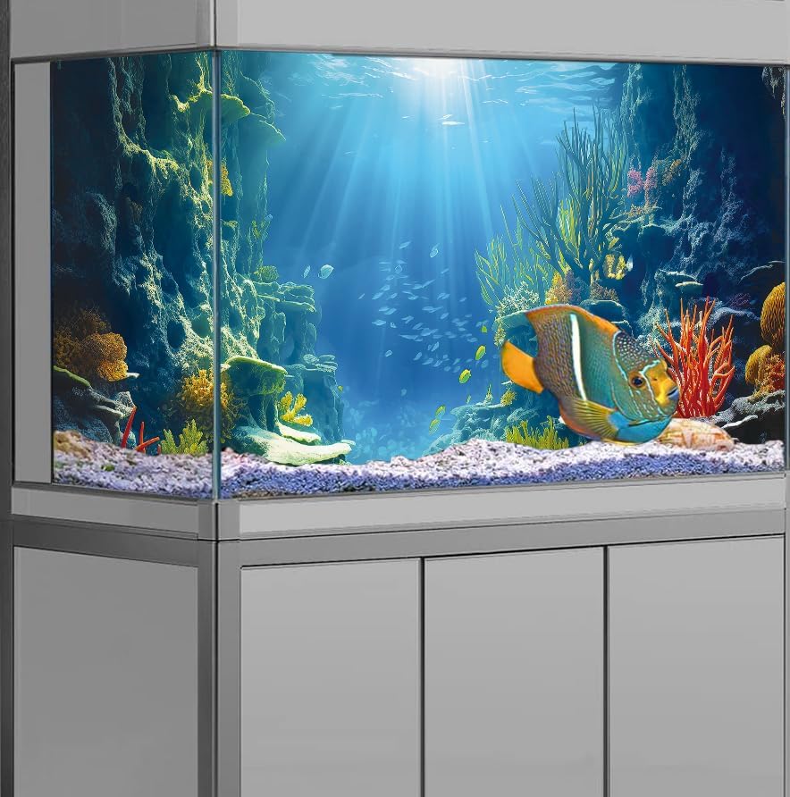 60X24IN Blue Sea Floor Aquarium Background, Natural Underwater World 3D Effect Fish Tank Decorations Background, Art Terrarium Background with 8 EVA Double-Sided Tape