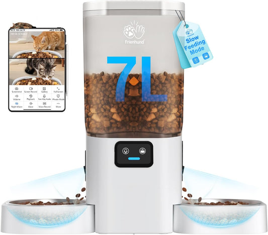 Automatic Cat Feeder with 2 Camera for 2 Cats: 5G WiFi Automatic Dog Feeder with Night Vision & Slow Feed, 7L Auto Cat Food Dispenser for Multiple Pet, Detachable for Easy Cleaning - 29 Cup