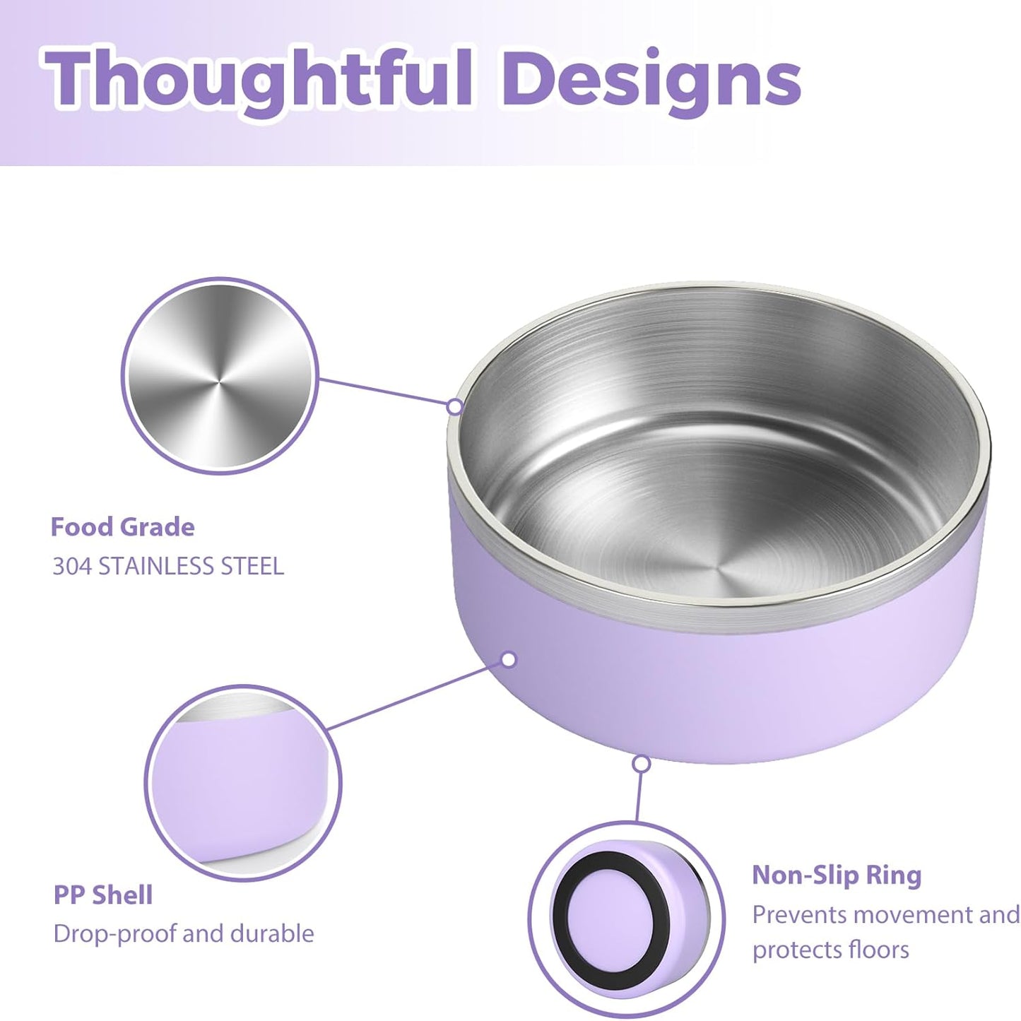 Stainless Steel Dog Bowls, Metal Dog Bowls, Water Bowl for Dogs, Dog Food Bowls, Pet Bowls for Dogs, Dog Dish for Large Dogs, Insulated Dog Bowl, Non Slip Dog Bowl,Easy Clean,40oz,LightPurple