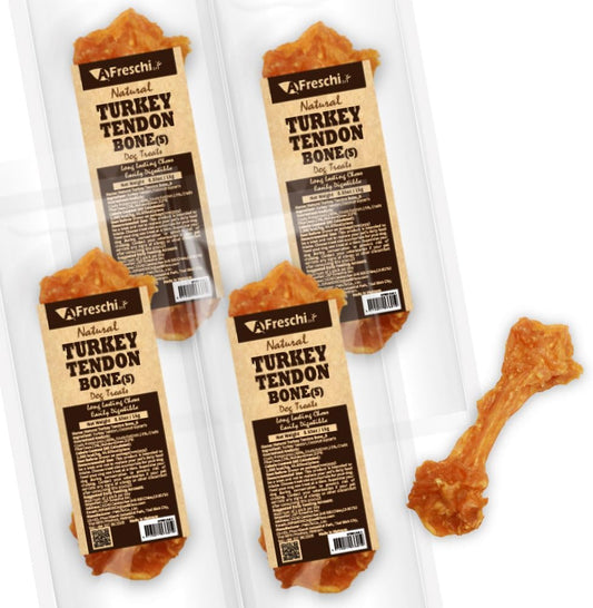 Afreschi Natural Turkey Tendon Bone (S) Pack of 4, Dog Treats for Signature Series, All Natural Human Grade Puppy Chew, USA-Sourced Turkey Tendon, Hypoallergenic, Rawhide Alternative