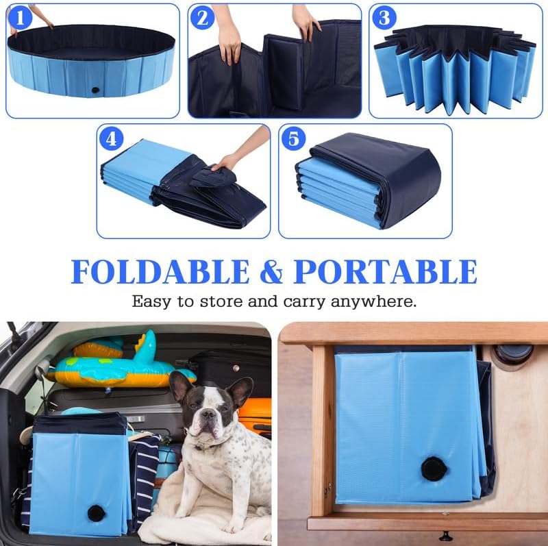 Foldable Dog Bath Swimming Pool Plastic Kiddie Pool Professional Tub Collapsible Grooming Bathtub for Pets Kids Baby and Toddler, 71 x 12 Inches Blue