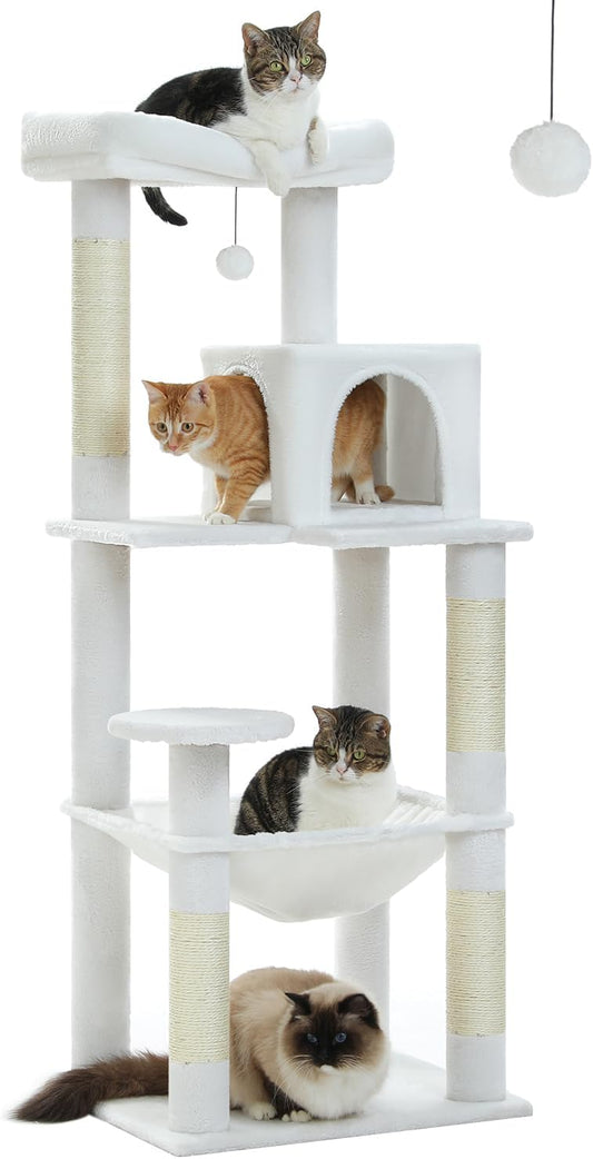 Cat Tree for Large Cats with Metal Plush Big Hammock, 56.3" Cat Tower for Indoor Cats with 2 Door Condo House, 6-Tier Cat Shelves with Scratching Posts and Large Top Perch, Cream White