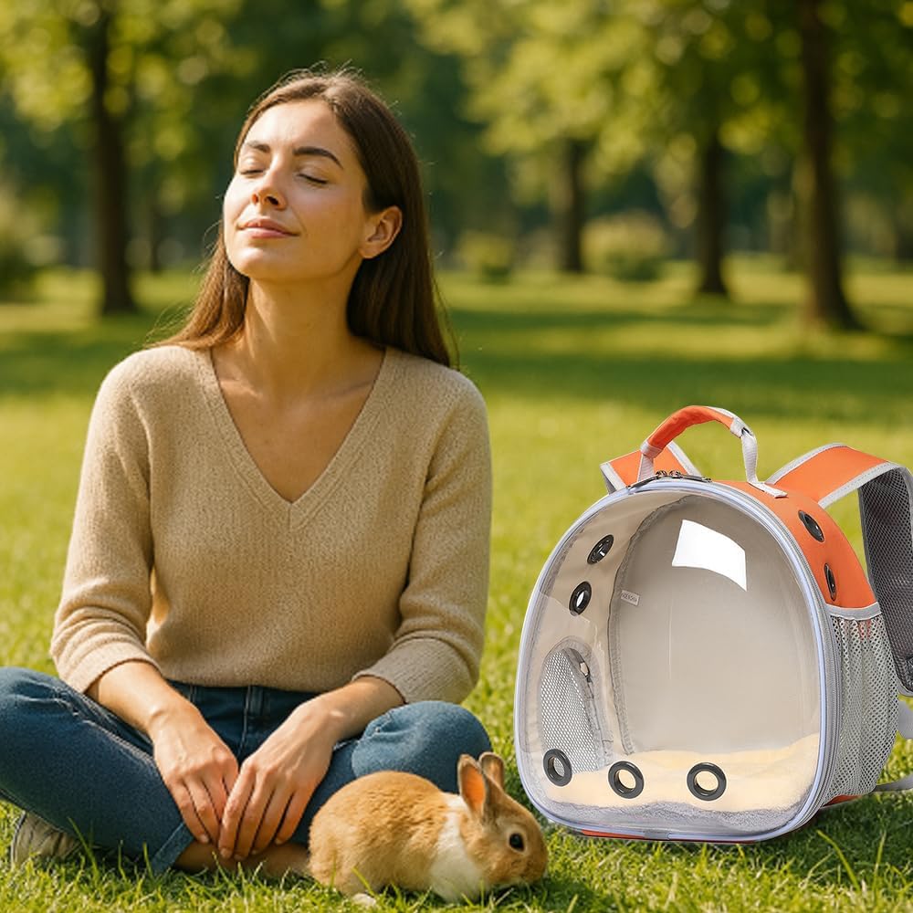 Bunny Carrier, Guinea Pig Carrier,Small Animal Carrier Backpack for Rabbit,Bearded Dragon, Lizard,Hamster,Kitten. Breathable Pet Travel Cage Bag (Orange)