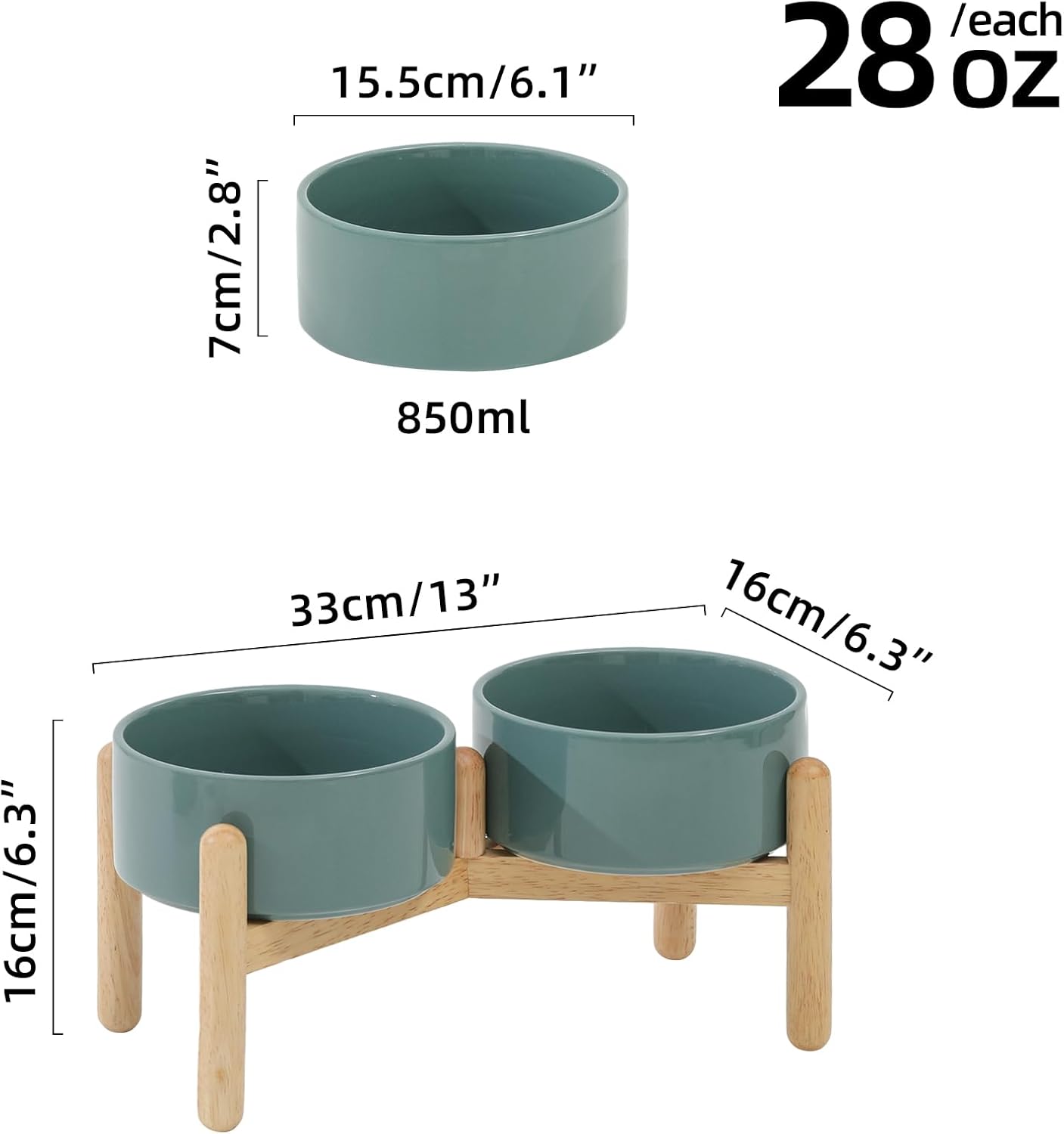 Ceramic 6.1inch Raised Dog Bowl with Stand for Small and Medium Breed Dog Dish Pet Food and Water Bowl (Double Bowl with Stand - Dark Green, 28oz)