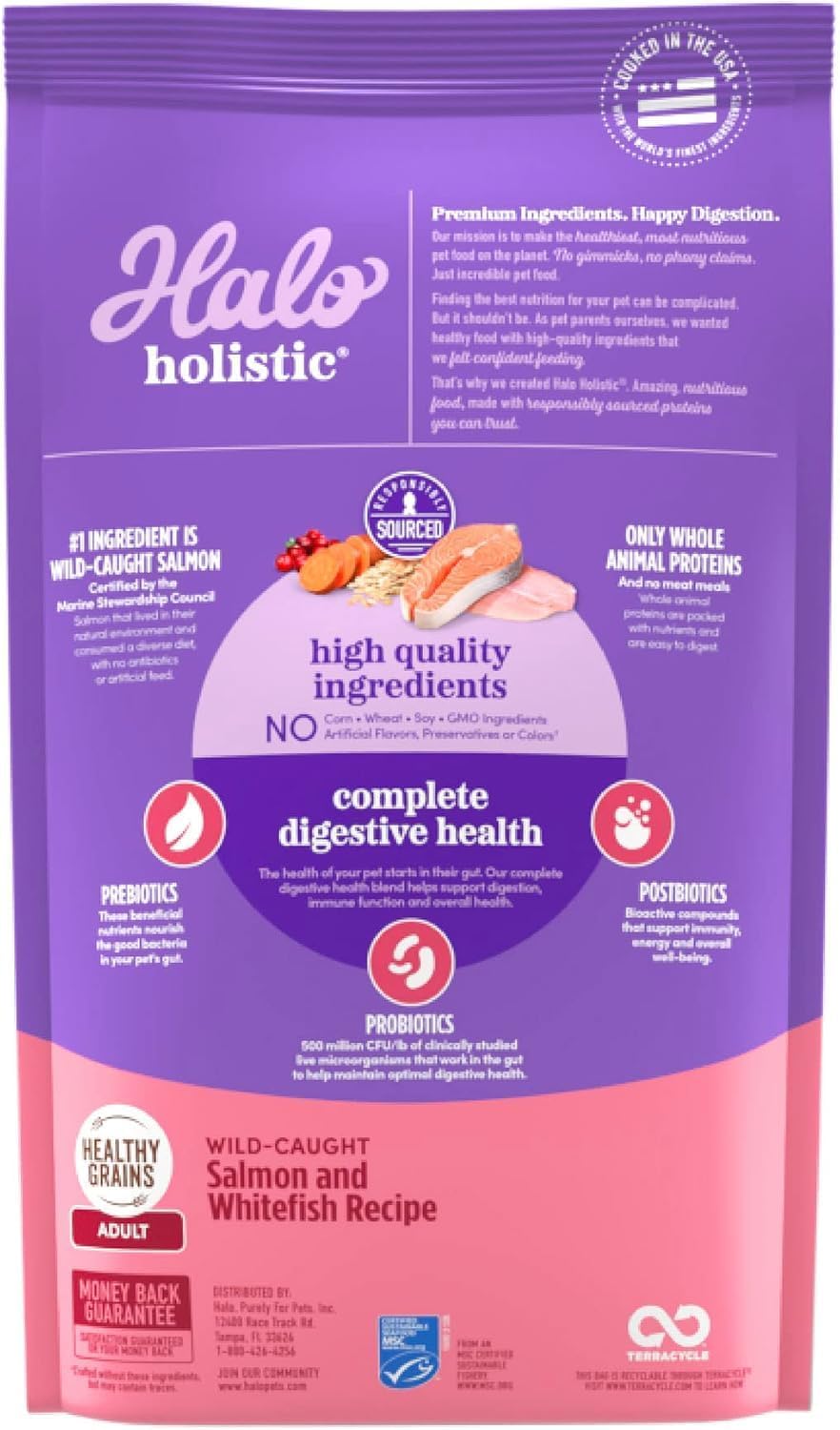 Halo Holistic Cat Food Wild Caught Salmon & Whitefish Formula, Healthy Grains Dry Cat Food, Complete Digestive Health, Kibble for Adult Cats, 3 lb Bag
