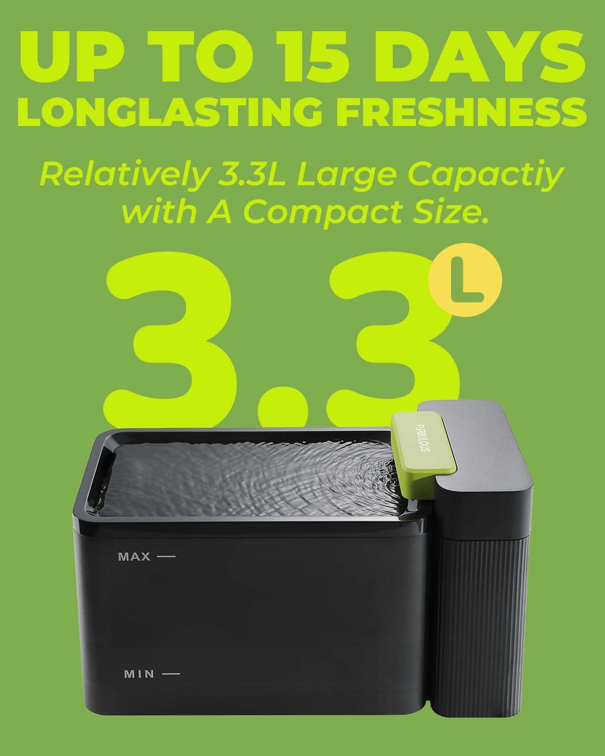 Furbulous 316 Stainless Steel Automatic Water Fountain with Ultrafiltration Tech, 3.3L/112oz Large Bowl, Ultra-Quiet, BPA-Free Dish Two Modes Water Dispenser for Cats/Medium Dogs/Pets (Black)