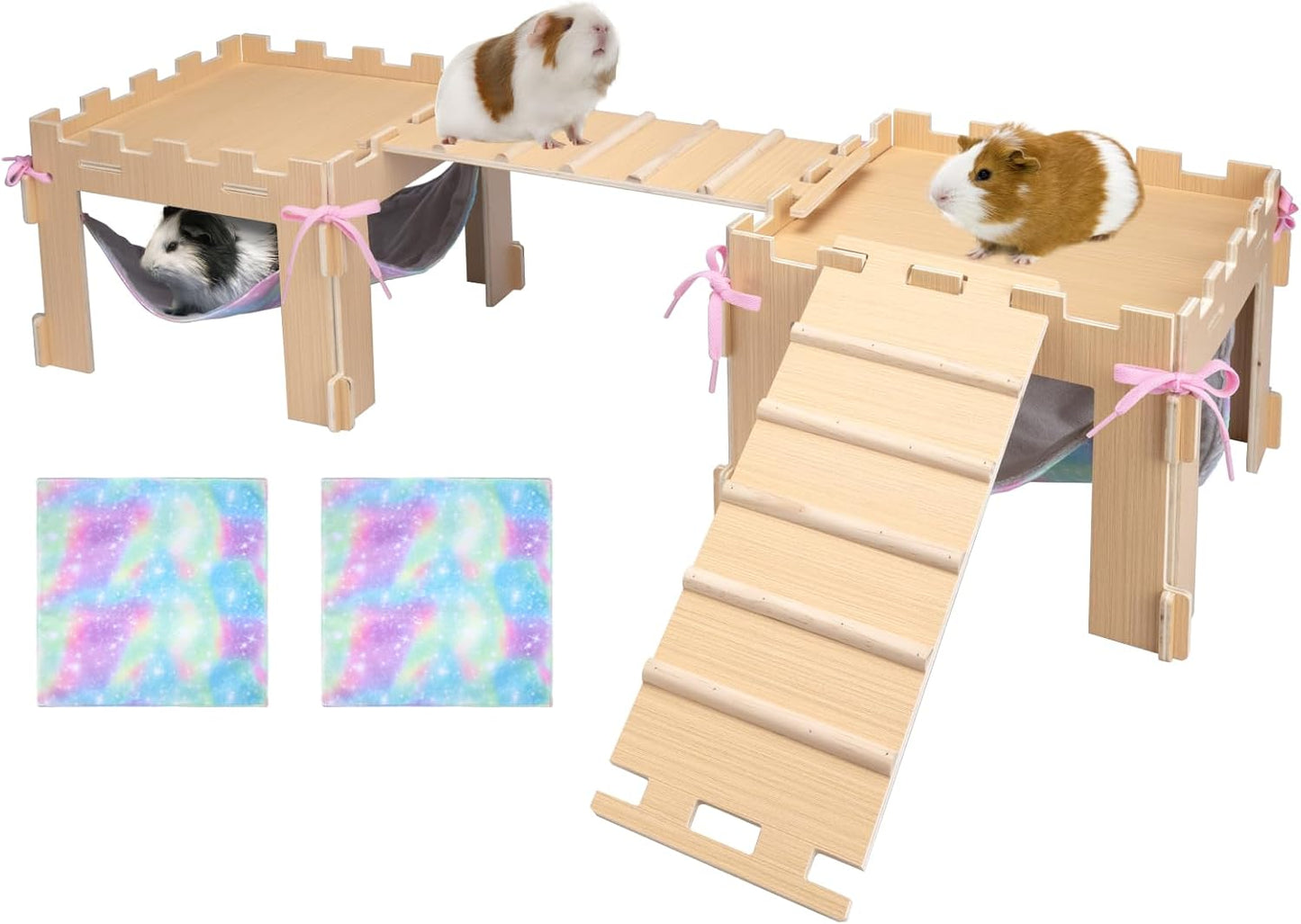 Guinea Pig Hammock with Platform and Ramps,Wooden Small Animal Hideout with Waterproof Coating Mat Hammock,Guinea Pig Cages Accessories Toys Hiding Playing,Easy to Clean(Double)