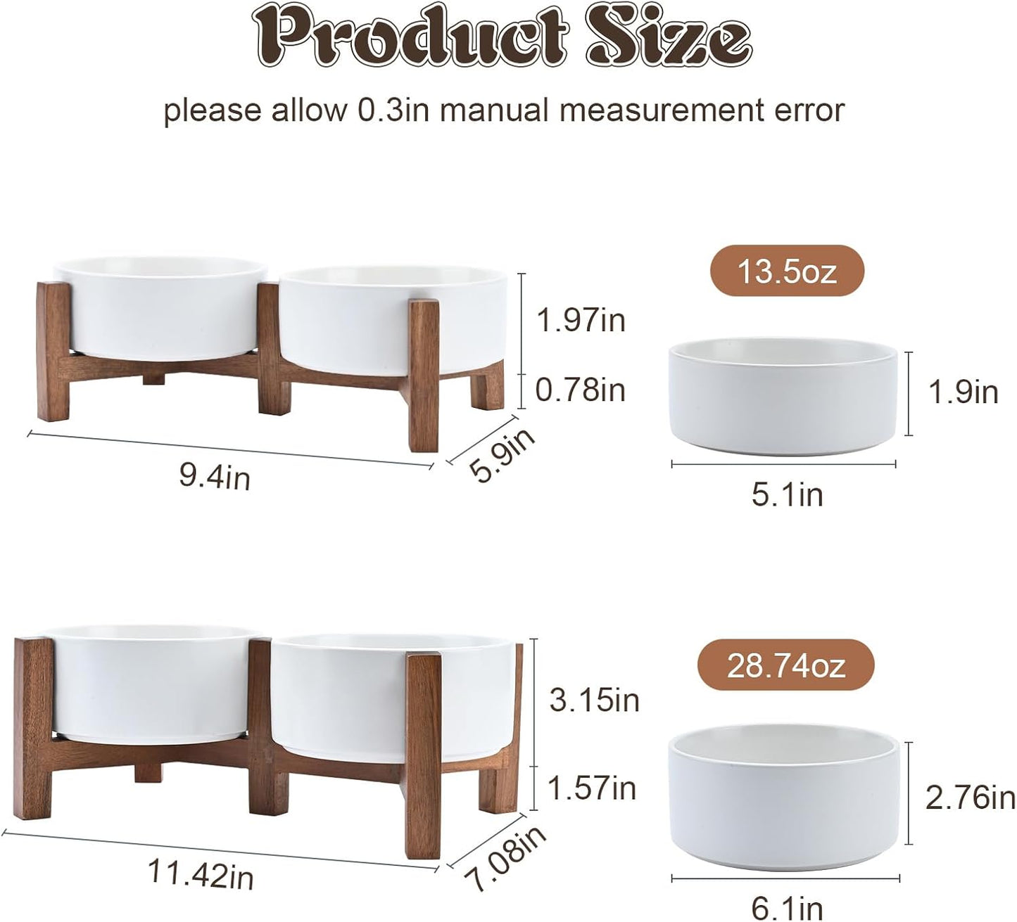 SPUNKYJUNKY Ceramic Dog Bowls with Acacia Wood Stand - Raised Dog Food and Water Bowl Set for Small Dogs (13.52 OZ, White)