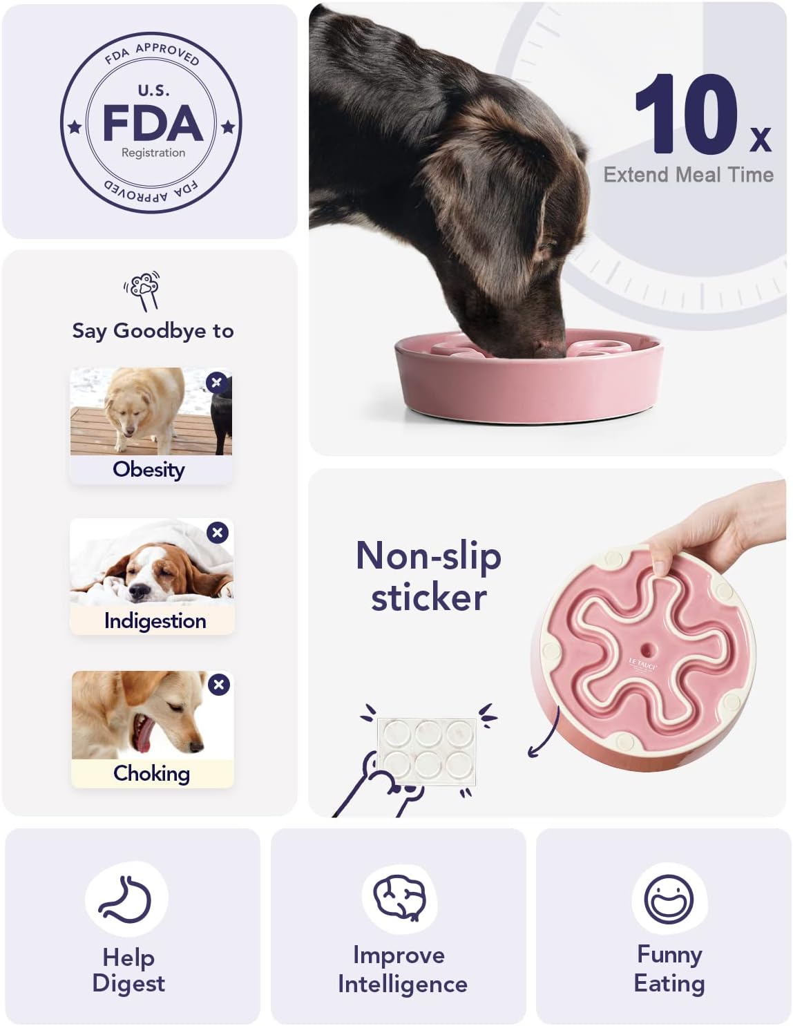 LE TAUCI Slow Feeder Dog Bowls Ceramic, 1.5 Cups Dog Food Bowl, Puppy Slow Feeder Dish for Fast Eaters,Pink Bloom