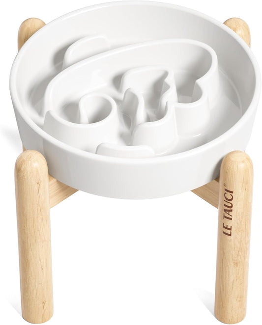 LE TAUCI Ceramic Slow Feeder Dog Bowls Elevated, 3 Cup Raised Bowl with Wooden Stand for Medium Large Breed, Slow Down Eating, Puzzle Dog Food Bowl, Angel White