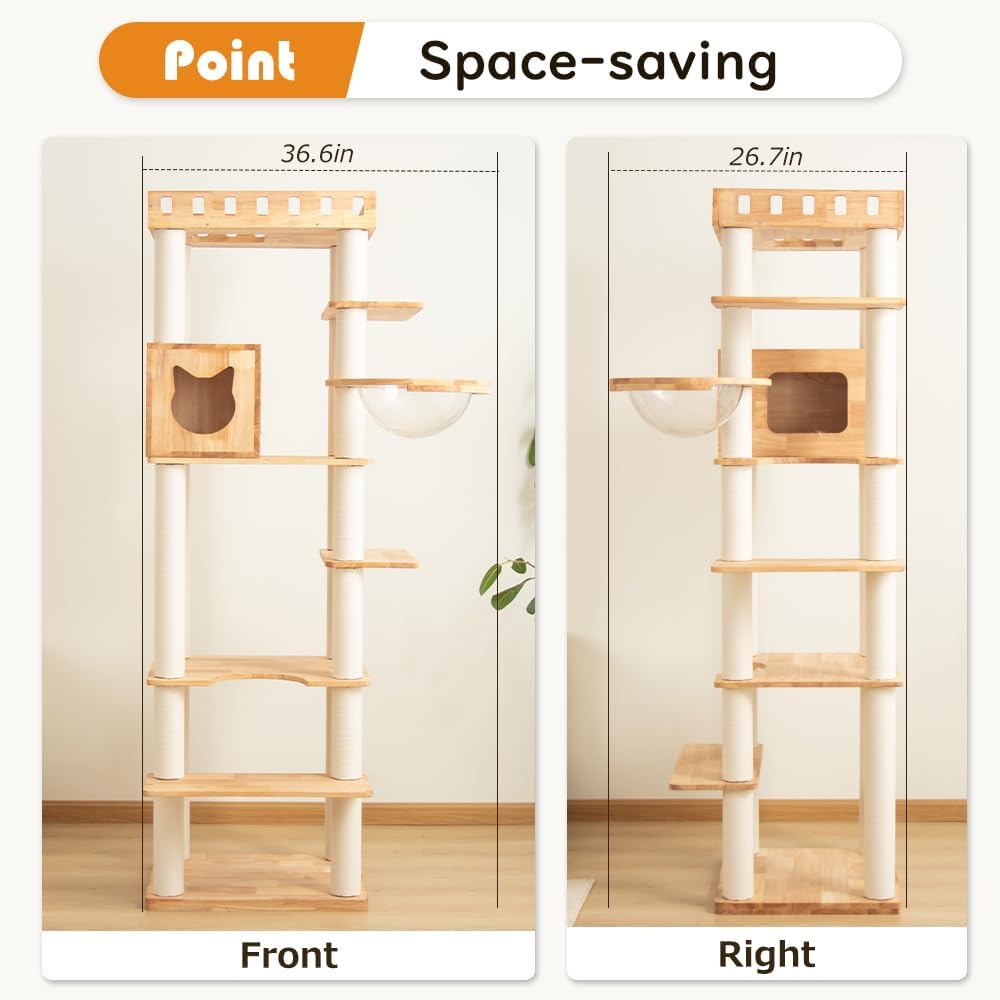 74.8" Wooden Cat Tree Tower for Large Cats, Multi-Level Cat Climbing Furniture with Scratching Posts, Cat Condo & Hammock, Natural Wood Cat Activity Center (White)