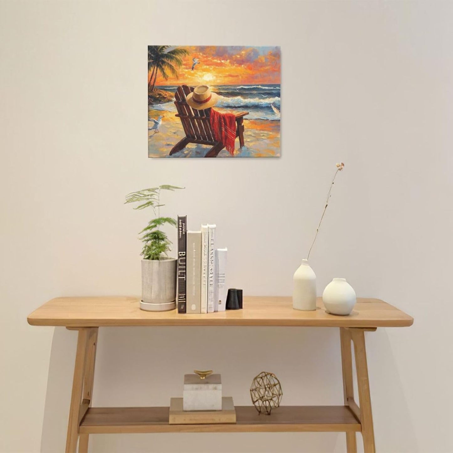 Beach Coastal Bathroom Pictures Wall Art, Seaside Ocean Bathroom Wall Decor, Sunrise Palm Framed Painting Canvas Artwork for Bedroom Living Room Decorations 24"L x 20"W