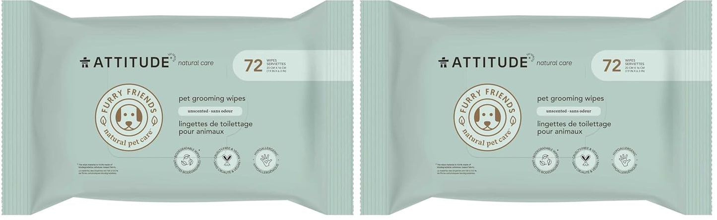 ATTITUDE Pet Grooming Wipes, Hypoallergenic Plant and Mineral-Based Ingredients, Vegan and Cruelty-Free Biodegradable Products, Unscented, 72 count (Pack of 2)