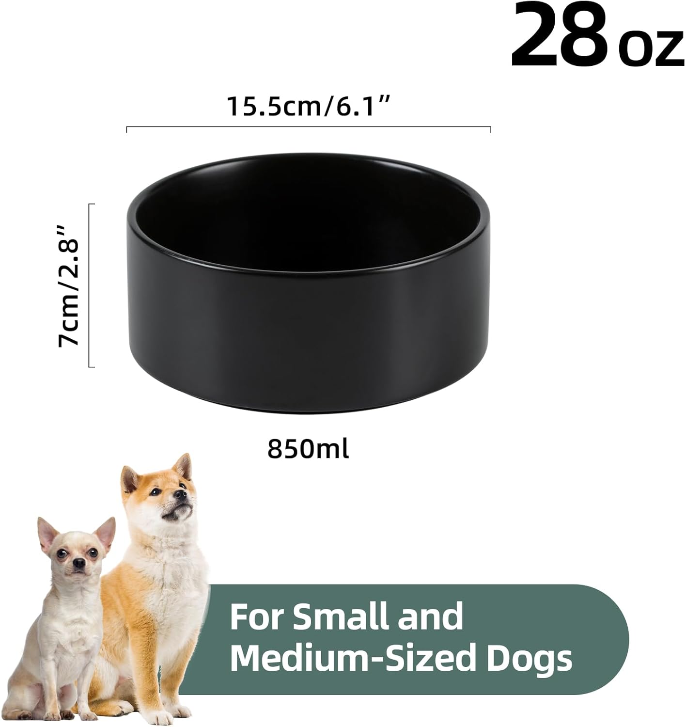 Ceramic 6.1inch Non-Slip Dog Food and Water Bowl for Small & Medium Breed Dogs,Pet Bowl for Replacement, Protects Cervical Spine (Black)