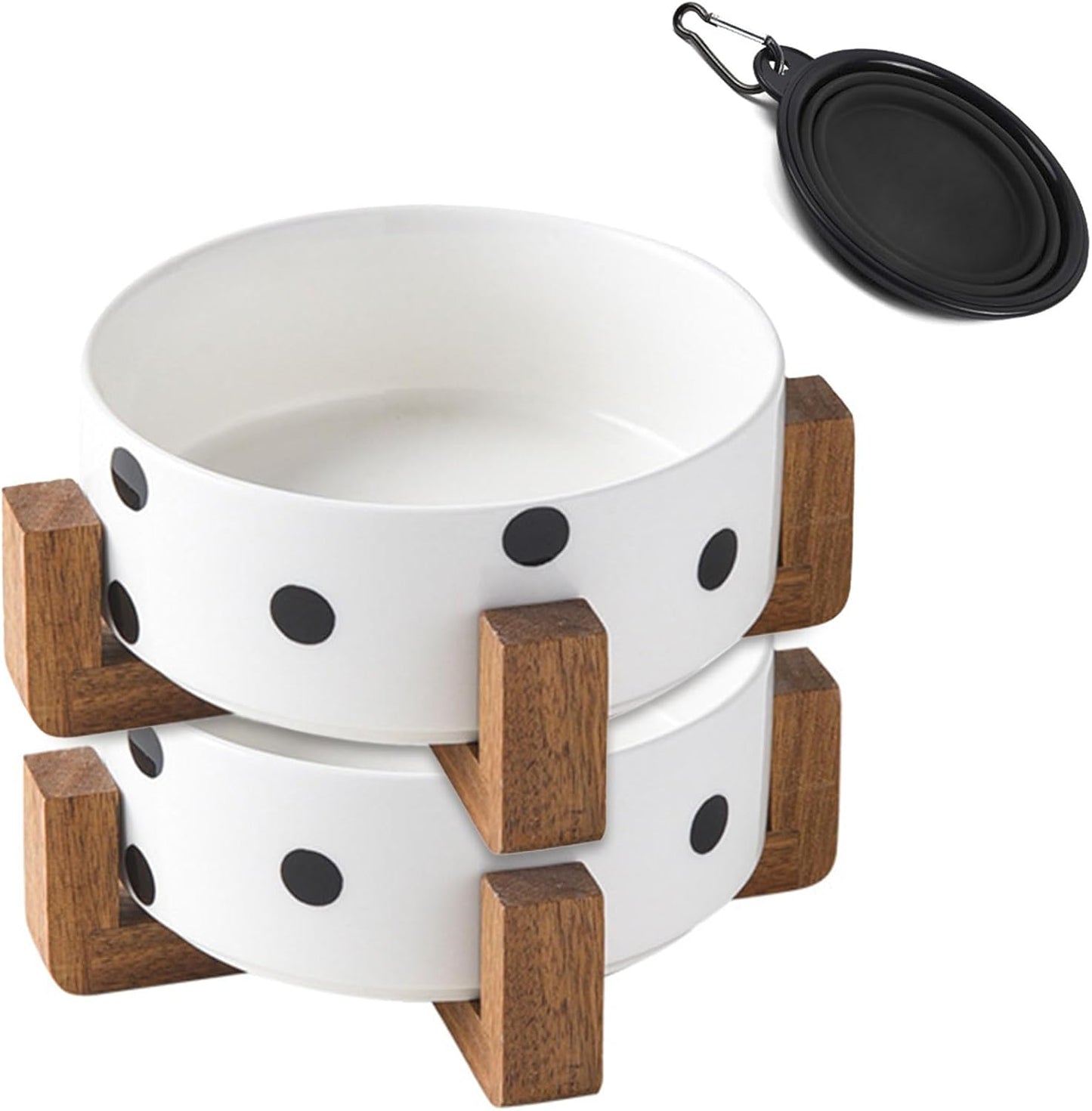 Petygooing Ceramic Dog Bowl Set with Stand - Cat & Dog Food and Water Bowl, Medium Size - Anti-Slip, 28 OZ / 3.6 Cups, Black Dot