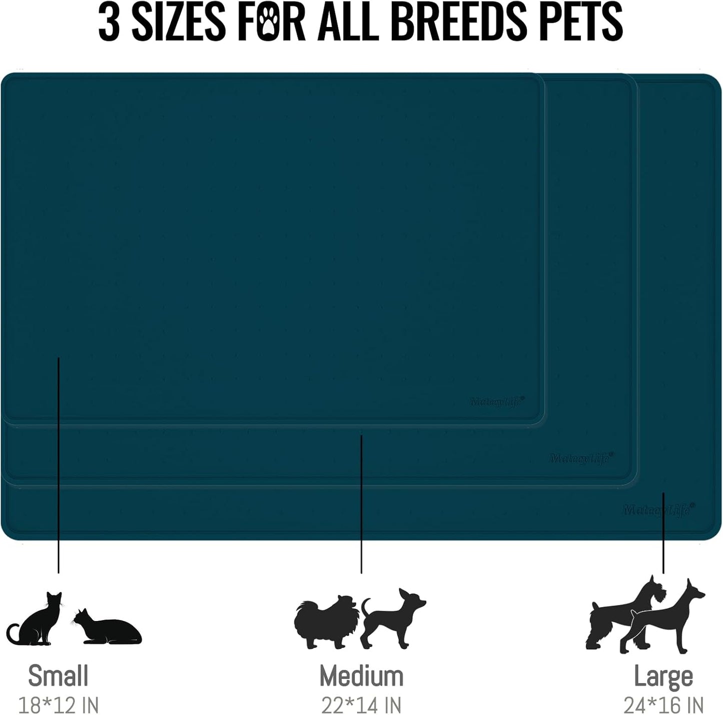 MateeyLife Dog & Cat Food Water Mat for Floors Waterproof, Nonslip Pets Bowl Feeding Mats with Raised Edges, Silicone Matt Tray for Messy Drinkers, 18"x12", Navy