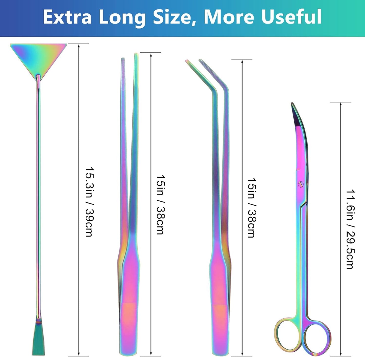 Aquarium Aquascape Tools Kit 15 in, 4in1 Anti-Rust Aquatic Plant Aquascaping Tool Stainless Steel Silver Tweezer Scissors Spatula for Aquarium Tank Clean (15in, Colorful)