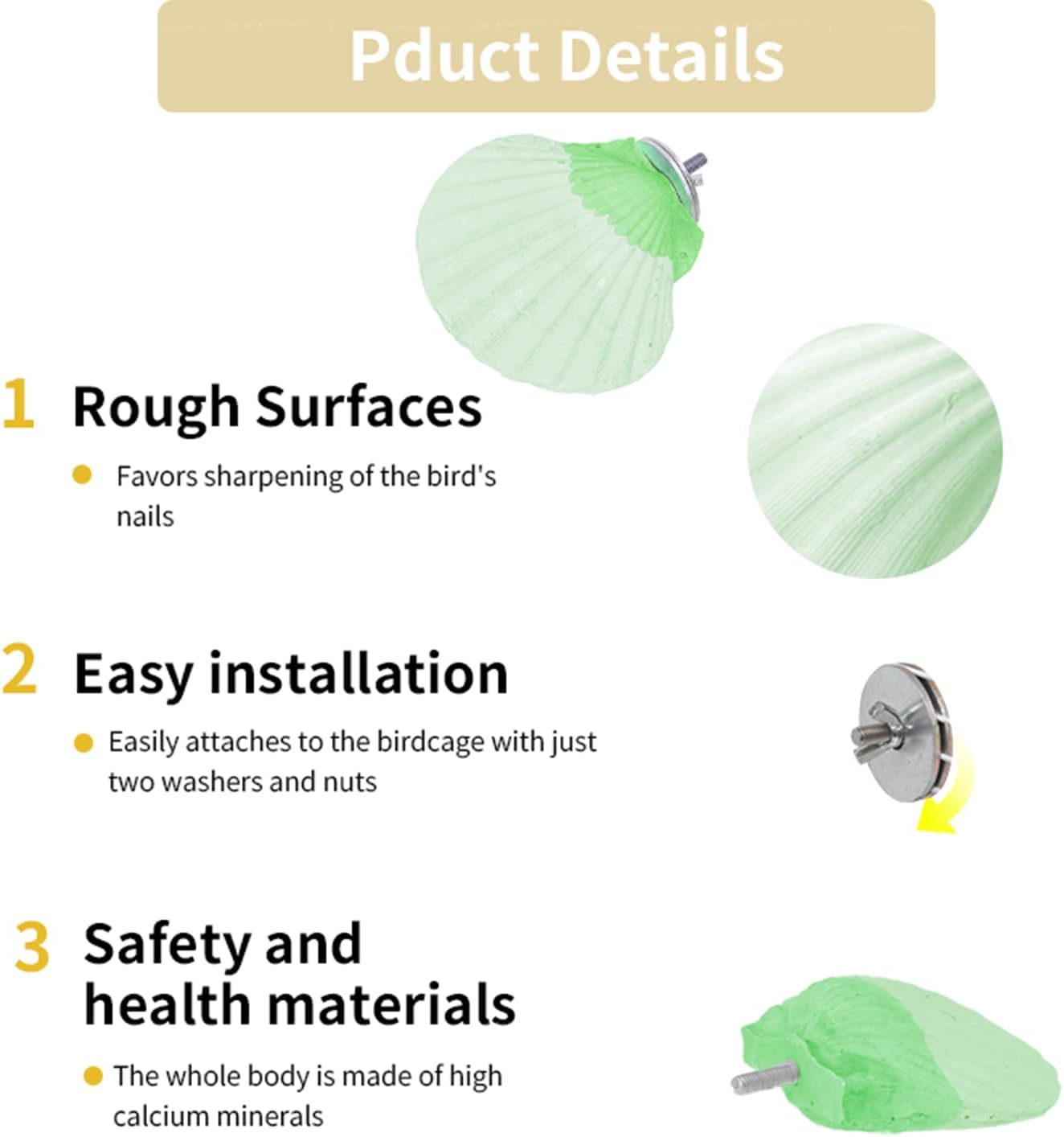 Bird Perches for Cage, Abrasive Surface High Calcium Mineral Parrot Perch Stand - Bird Nail File for Claw & Beak Health, Colorful Ceramic Bird Cage Accessories (Green, Shell)