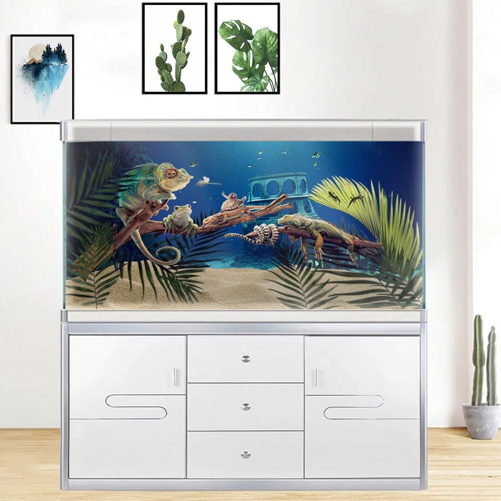 24X12IN Natural Underwater Aquarium Background, Pictures 3D Fish Reef Fish Tank Decoration Background, with 8 EVA Double-Sided Tape