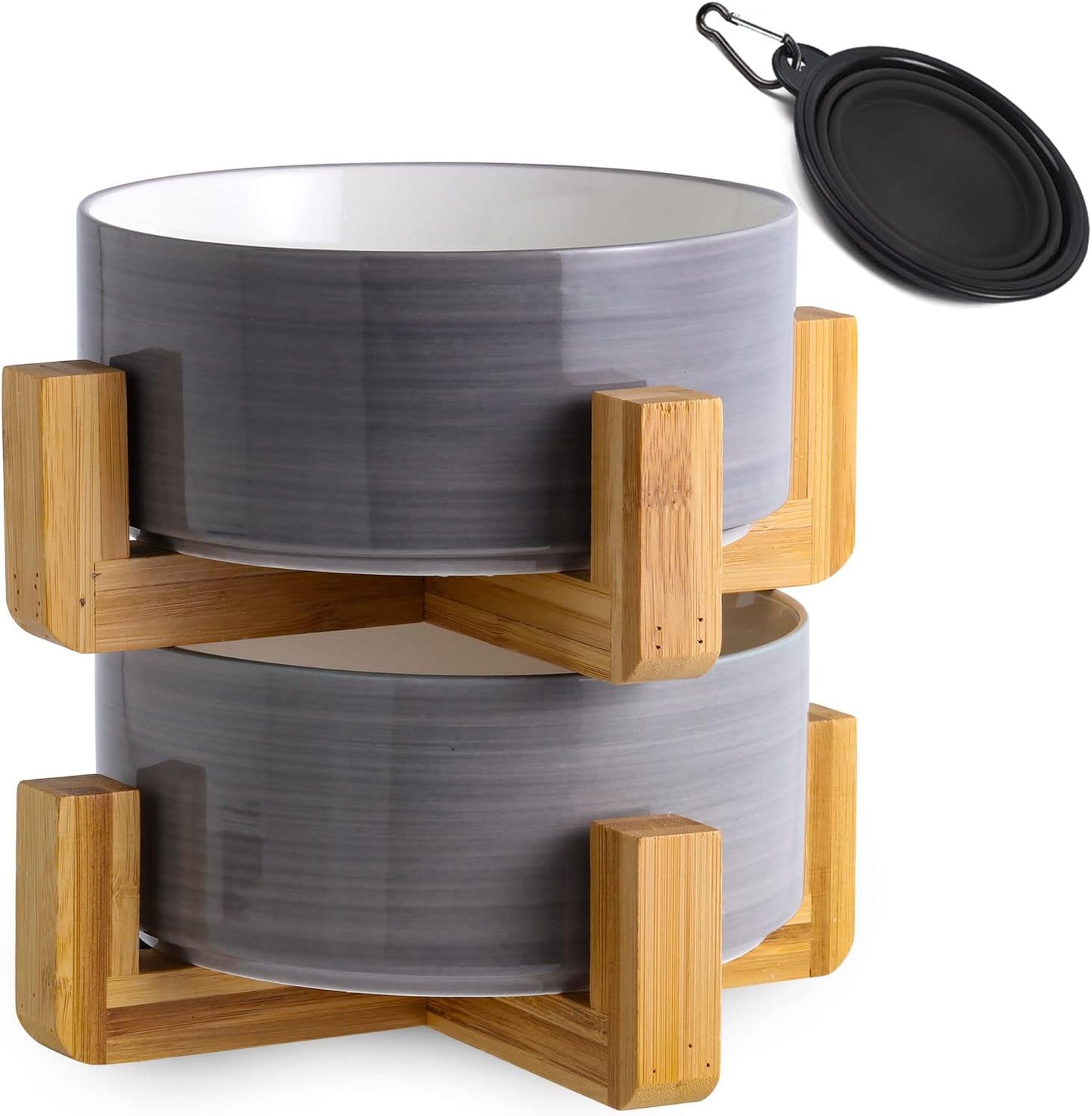 Petygooing Ceramic Cat Dog Bowl Set with Stand,Small Dog Bowls,Pet Food and Water Dish, Anti Slip Set of 2 Cat Bowls-Cute Modern Pet Food Dish Small Size (13.5OZ/5.1 in) Grey White