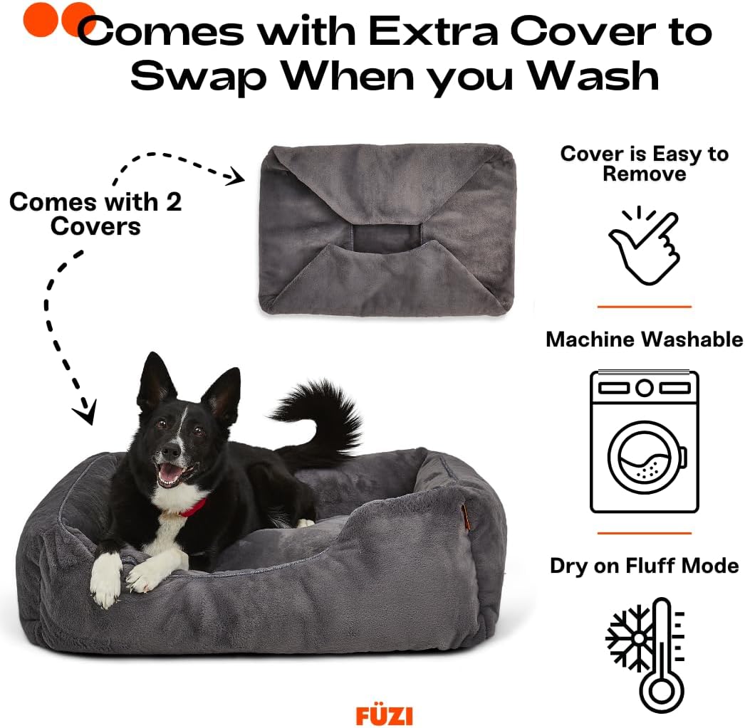 FUZI Luxury Aesthetic Dog Bed with Extra Cover for Large Dogs, Washable Pet Couch, Pet Bed with Sides, Non-Slip Bottom, Soft and Durable Calming Dog Bed, Faux Rabbit Fur, Large 35.6x28.5x9.5 Dark Grey