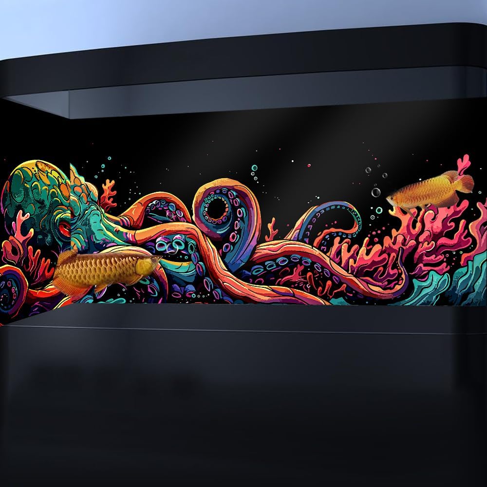 36X24IN Blacklight Octopus Sea Monster HD 3D Black Light Aquarium Background UV Reactive Background Terrarium Background with 10 EVA Double-Sided Tape