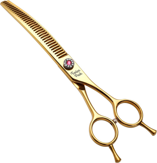 Fenice Peak Professional Dog Grooming Scissors Pet Curved Chunker Shears 7.0'' Extremely Sharp Blades 440C Steel Thinning Scissors Durable Smooth Motion & Fine Cut for Dogs and Cats(Gold)