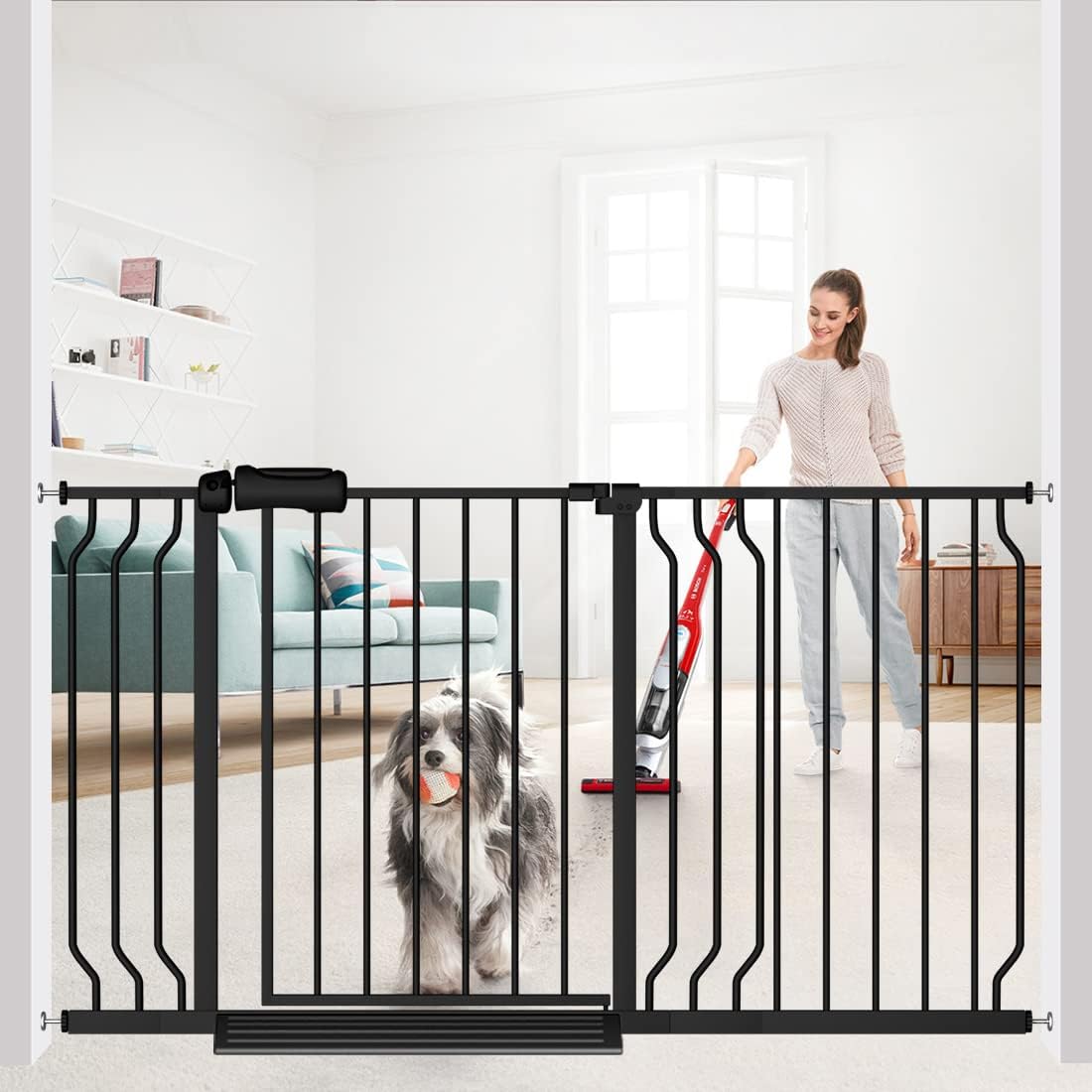 Extra Wide Baby Gate Black 53-57.5 Inch Wide Walk Through Pressure Mounted No Drill Long and Large Tension Metal Gate for Dog and Toddler