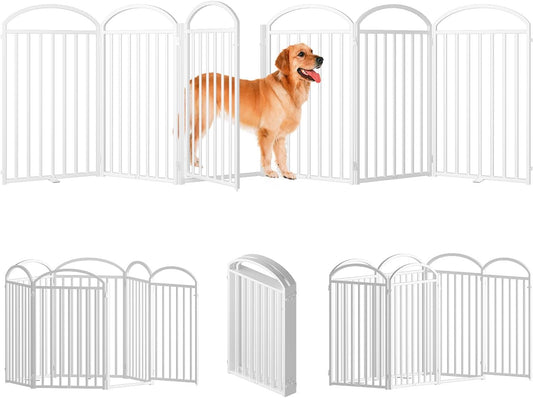 6 Panles Full Matel Freestanding Dog Gates with Door, 144"Extra Wide 36"Tall Free Standing Dog Pet Gate for Indoor & Outdoor. Foldable Pet Fences for Doorways, House, Stairs, Porch, Deck, Yard