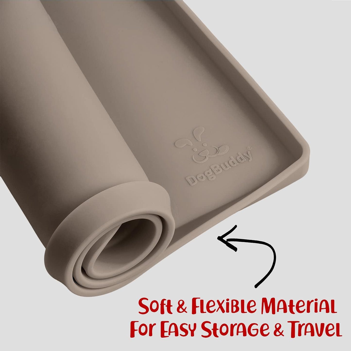 DogBuddy Dog Food Mat – Waterproof Dog Bowl Mat for Food and Water, Silicone Pet Feeding Mats for Floors, Non-Slip Placemat with High Edges for Dogs Bowls, Puppy Essentials (M: 21” x 14”, Taupe)