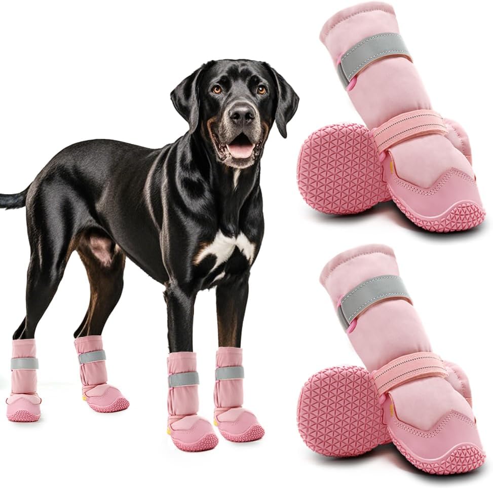 Hcpet Dog Shoes, Dog Boots & Paw Protectors for Winter Snowy Days, Rainy Weather, Outdoor Anti-Slip Sole Dog Booties for Hardwood Floor Pink-Leg 2