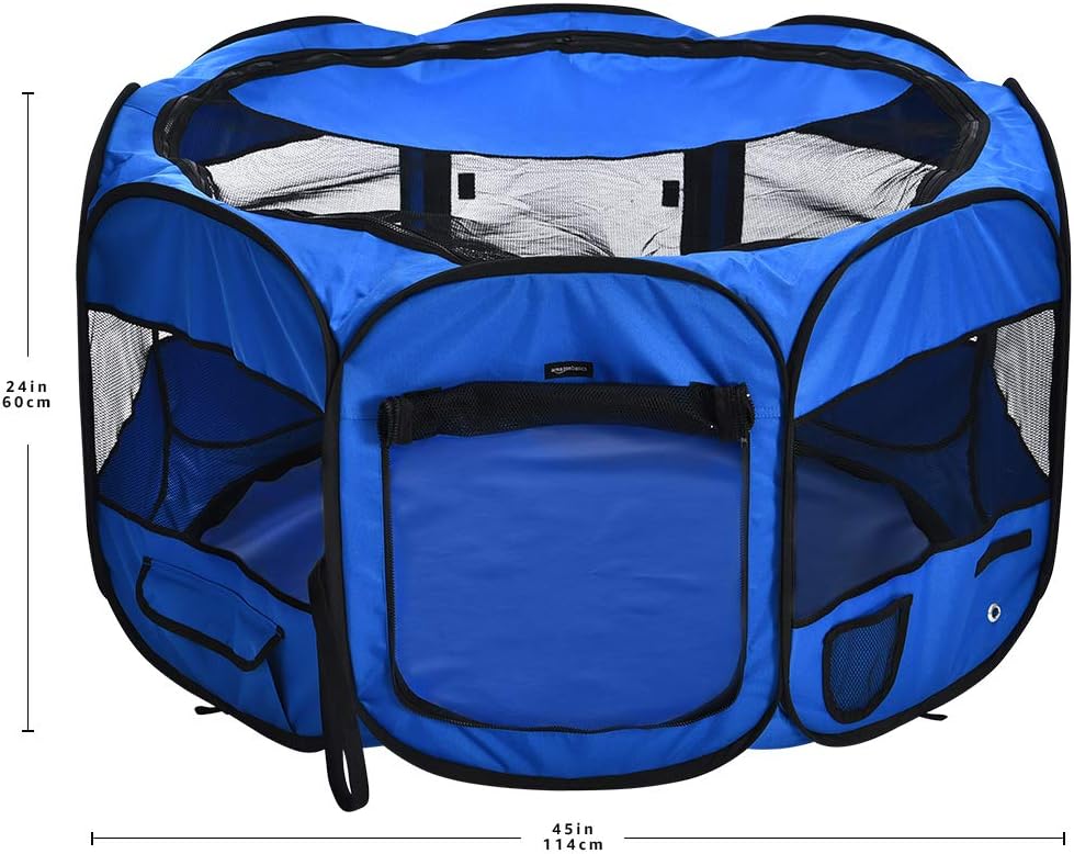 Amazon Basics Foldable Octagonal Indoor and Outdoor Portable Soft Dog Pen/Puppy Pen/Playpen, 114 cm / 45", Blue