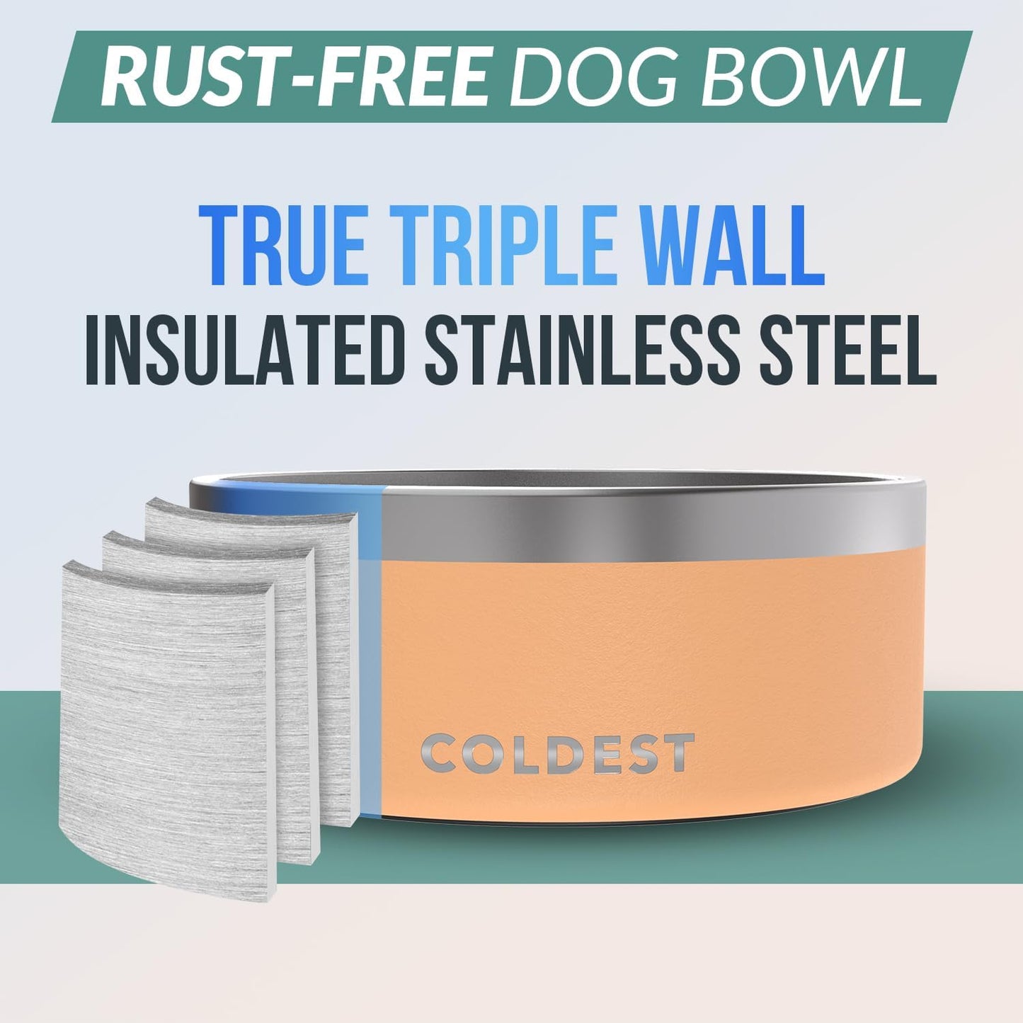 Coldest Dog Bowl - Anti Rust Metal, Non Slip, 3 Layers Insulated Stainless Steel Dog Bowls - Spill Proof & Heavy Duty - Water Bowl for Dogs, Cats & Pets, Dish Washer Safe (100 oz, Sahara Peach)