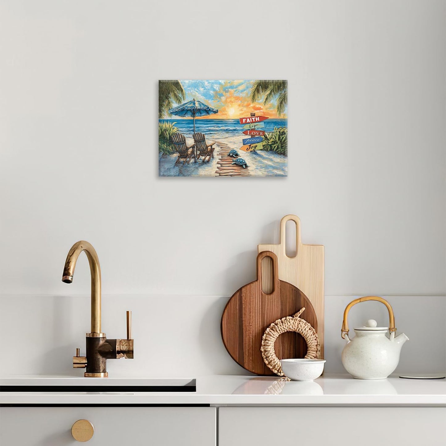 Beach Ocean Bathroom Pictures Wall Art, Seaside Coastal Bathroom Wall Decor, Sunrise Framed Painting Canvas Artwork for Bedroom Living Room Decorations 20"L x 16"W