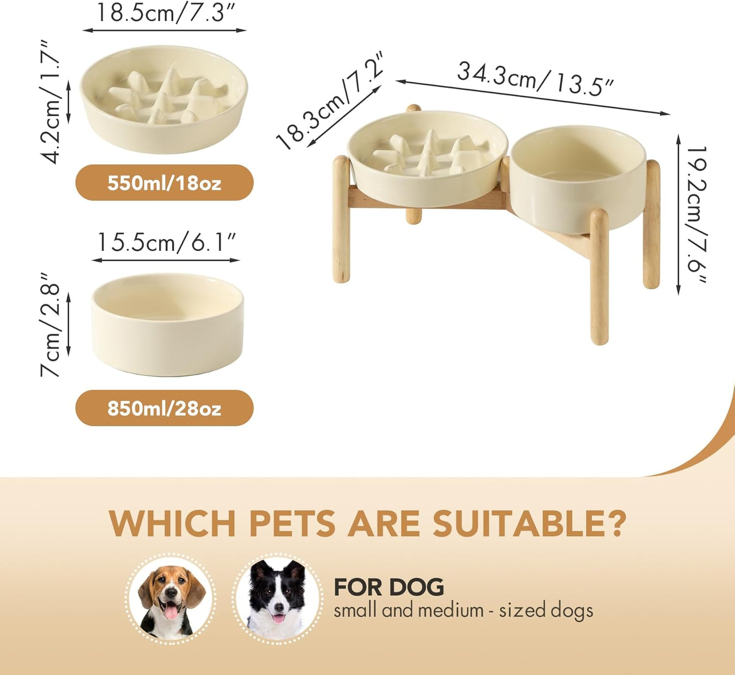 Ceramic Raised Slow Feeder Dog Bowl Set, Elevated 6.1inch Bowl and 7.3inch Slow Pet Food Dish with Wooden Stand for Small and Medium Dog (2 x Beige+ Stand)